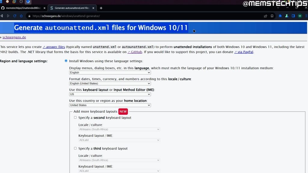 Windows 11 Local Account: How to Bypass Microsoft Account in 25H2 build 26220.6772 18 Screenshot showing the schneegans autounattend.xml answer file generator website