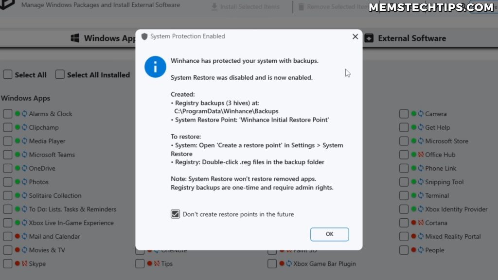Winhance system protection dialog showing backup creation notification with system restore and registry backup locations