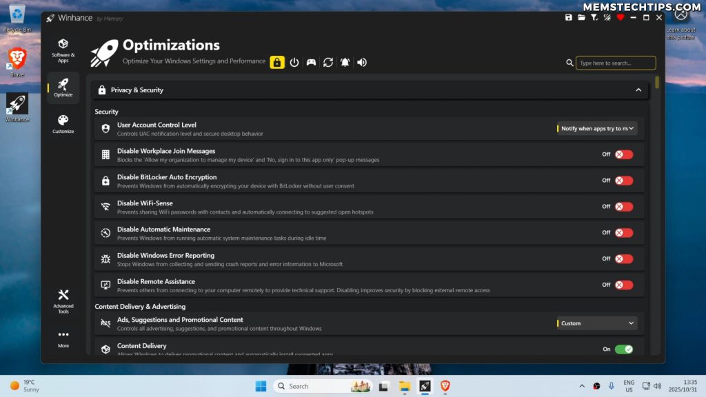 Screenshot of the Optimize screen in Winhance