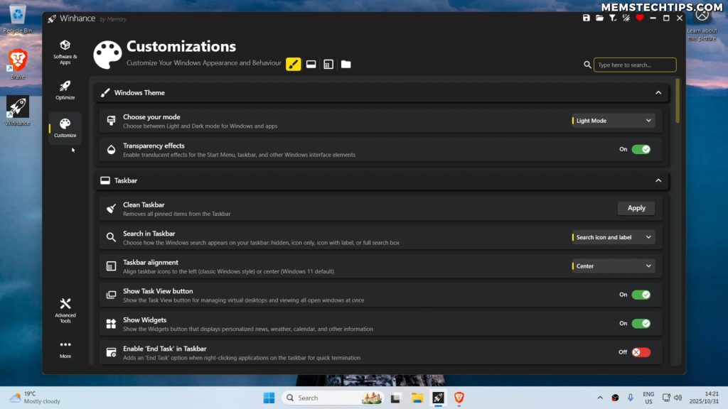 Screenshot of the Customize screen in Winhance