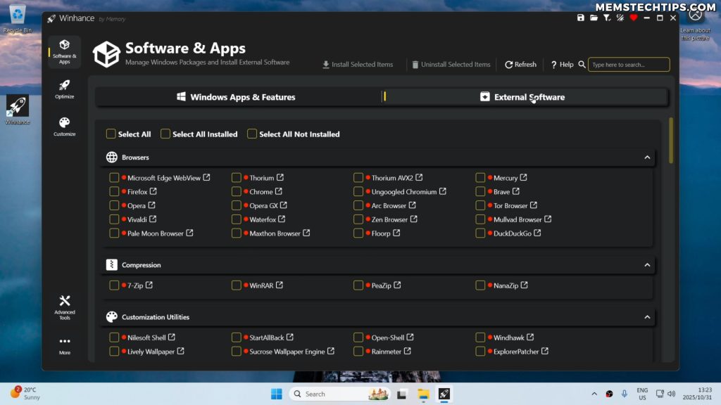 Screenshot of the External Software section in Winhance showing browser options