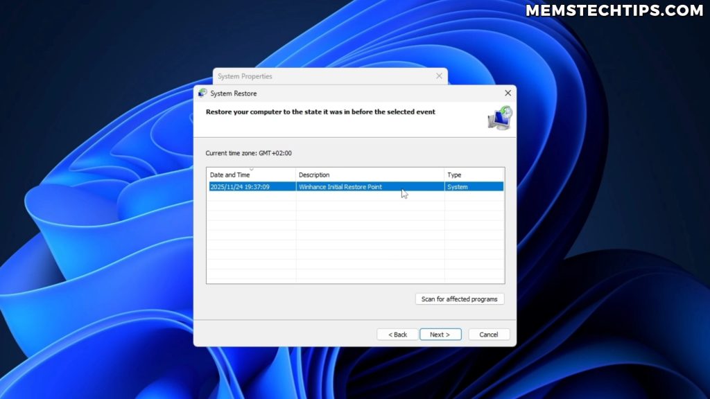 Windows System Restore dialog showing Winhance initial restore point selected in the list of available restore points