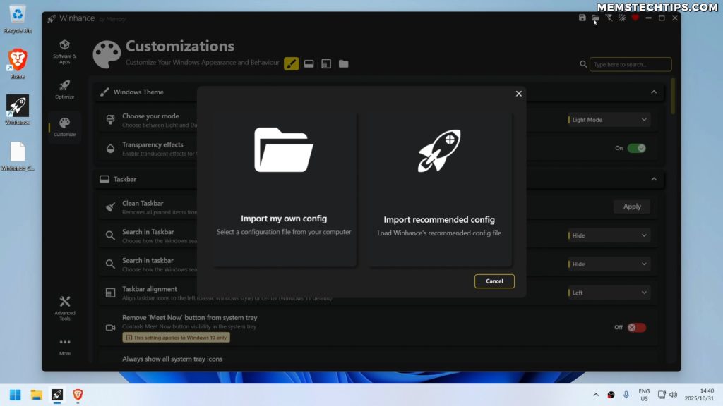 Screenshot of the Config Import window in Winhance
