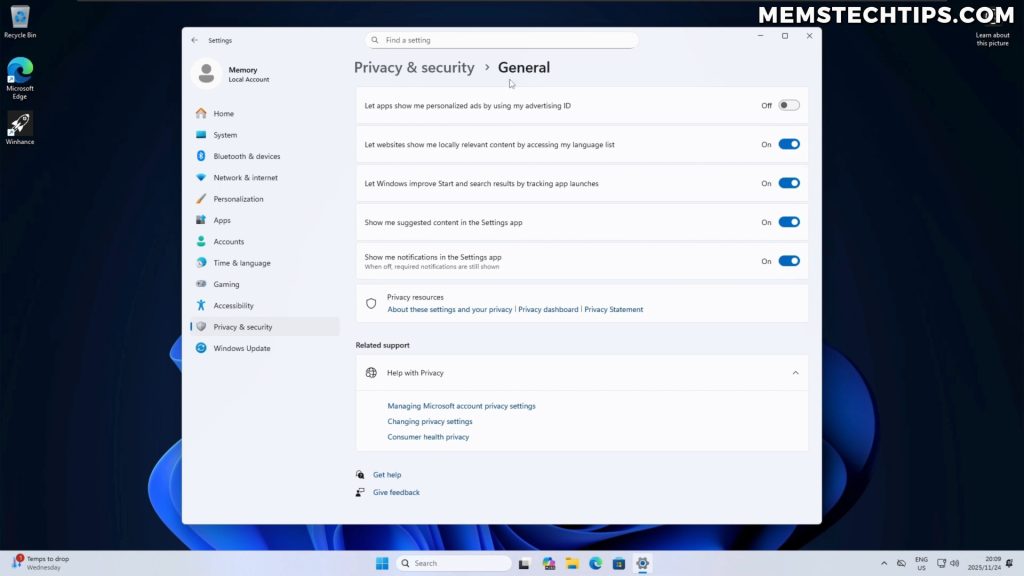 Windows 11 Privacy and Security settings showing general privacy options restored to default Windows settings after Winhance system restore