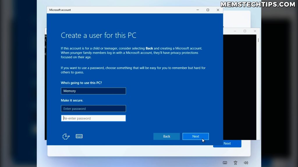 Screenshot showing local account creation window