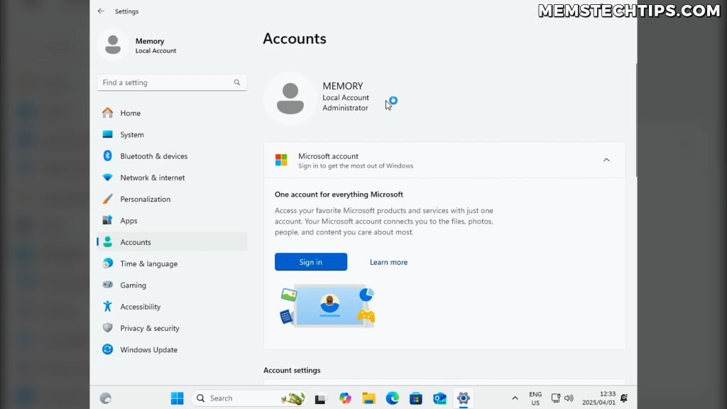Screenshot showing local account confirmation in Windows Settings