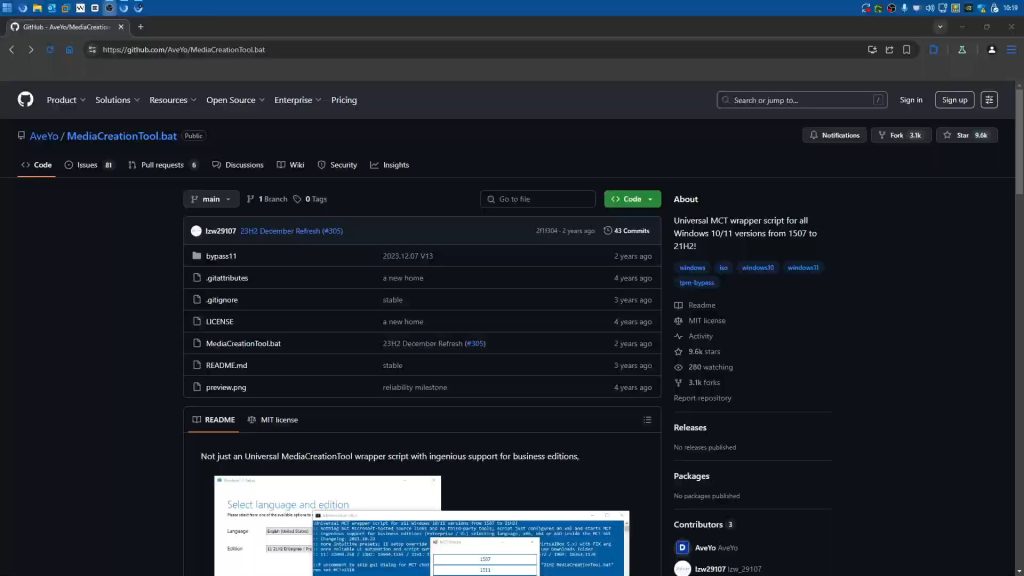 Media Creation Tool GitHub repository page showing project information and download options