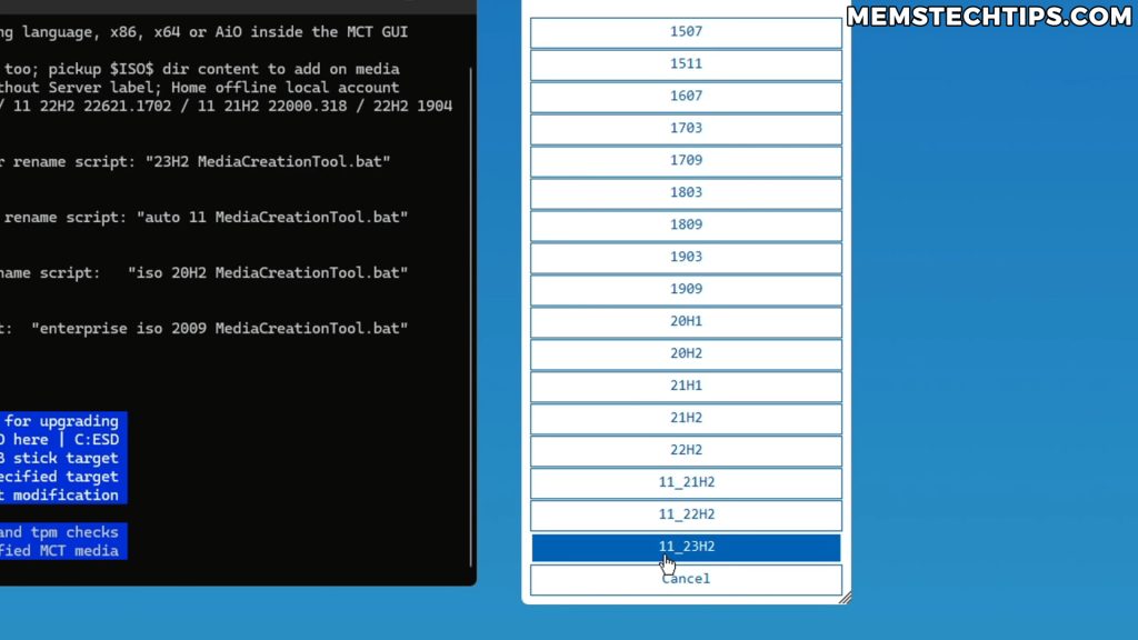 Media Creation Tool interface showing console window and version selection options