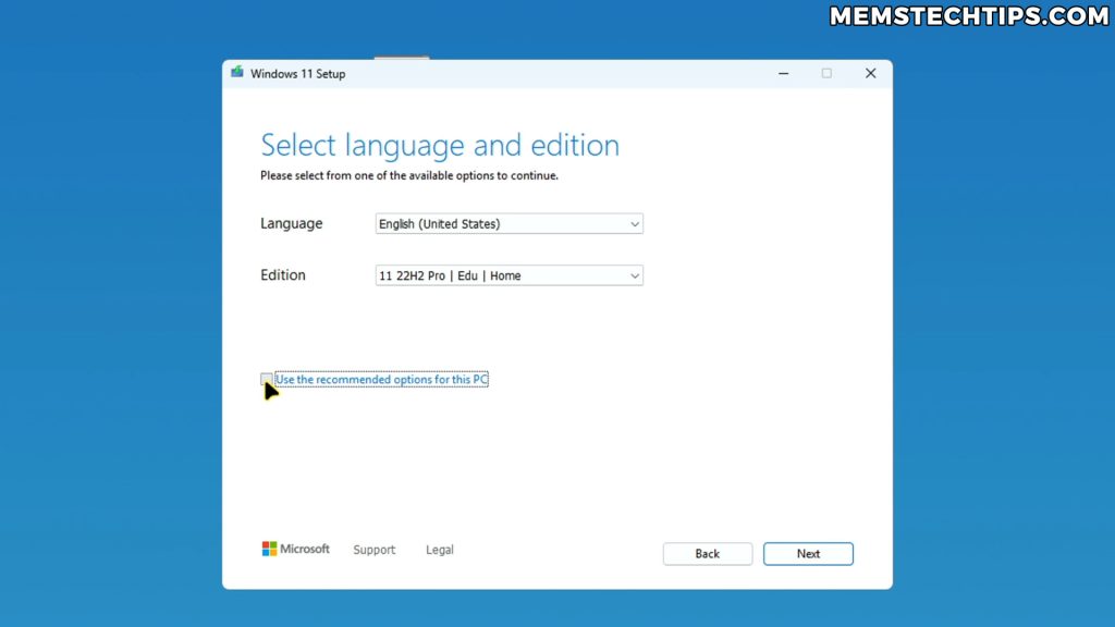 Language and edition selection screen in Media Creation Tool