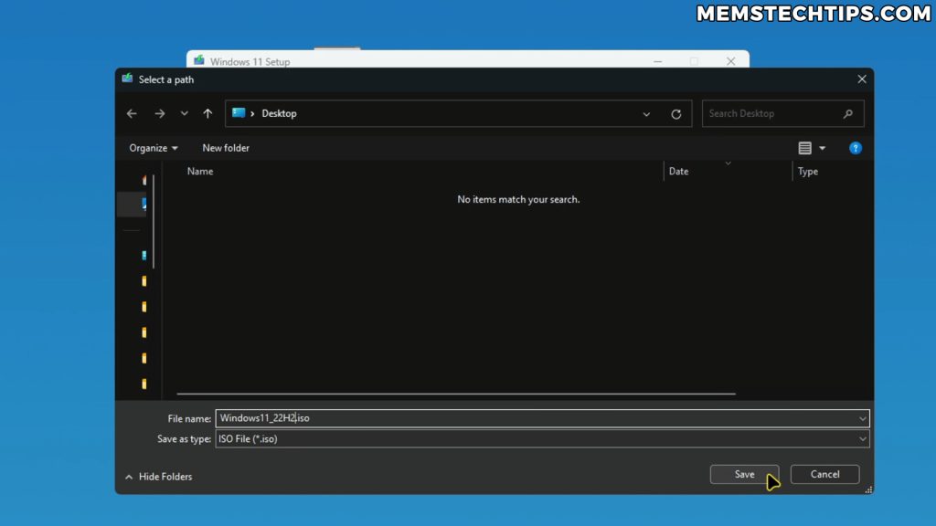 Save dialog showing ISO file location and naming options