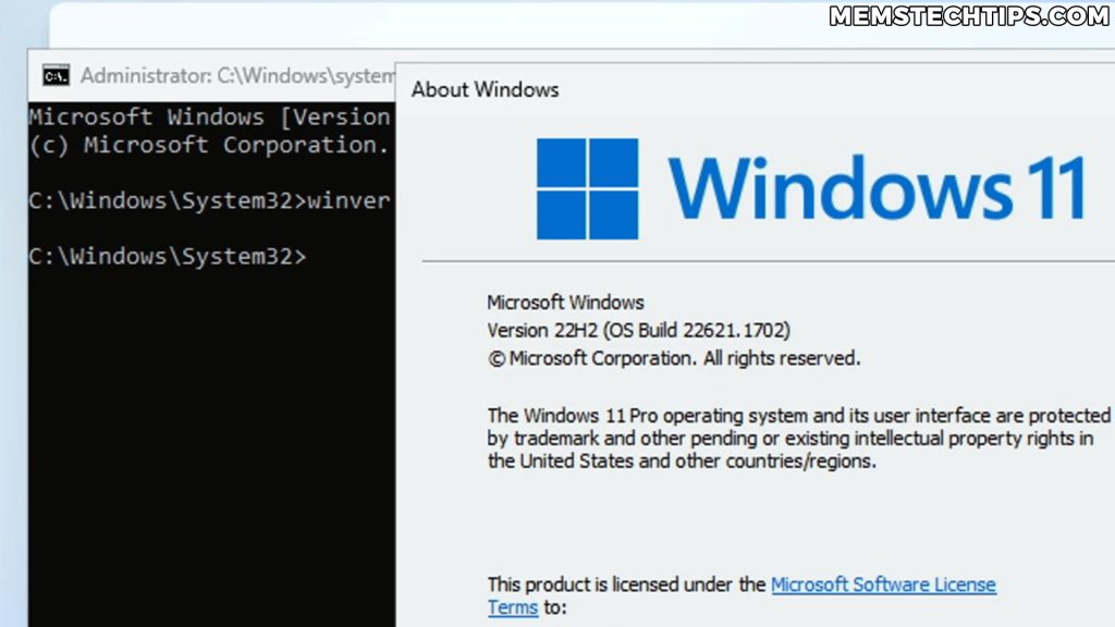Windows version dialog showing Windows 11 22H2 confirmation