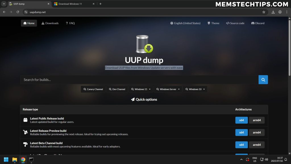 Windows 11 25H2 Download Guide: Get Early Access Right Now (2025) 2 Screenshot showing the UUP dump homepage with options to download Windows files