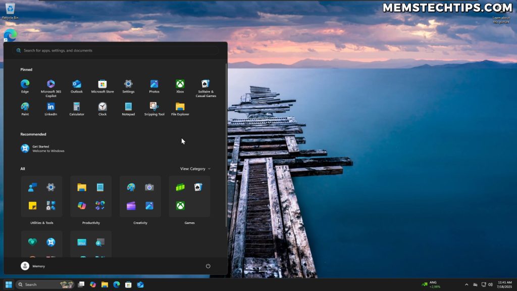 Windows 11 25H2 Start menu showing search, pinned, and categories