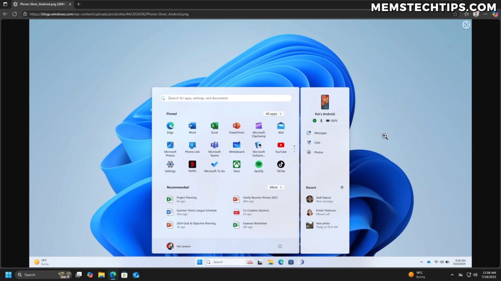 Phone Link panel attached to the Start menu in Windows 11 25H2