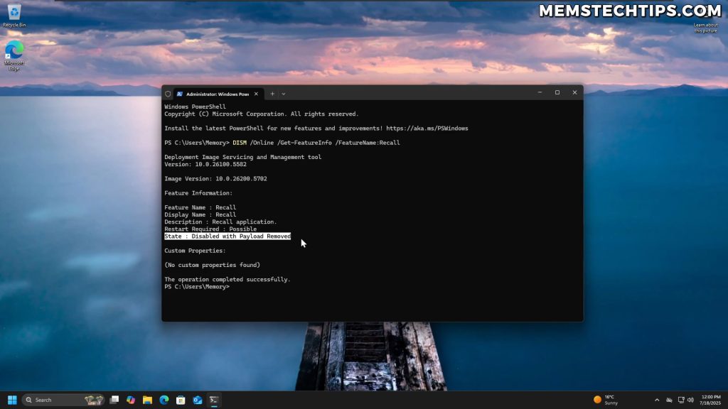 PowerShell showing Recall disabled with payload removed