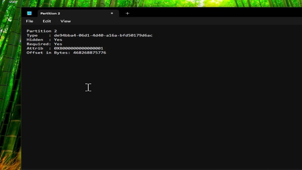 Diskpart command prompt showing detailed partition information including Type ID and Attributes for recovery partition pasted into Notepad document