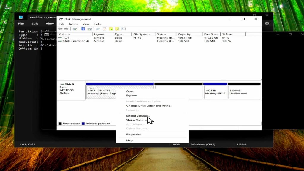 Windows disk management showing enabled extend volume option for C drive after recovery partition removal