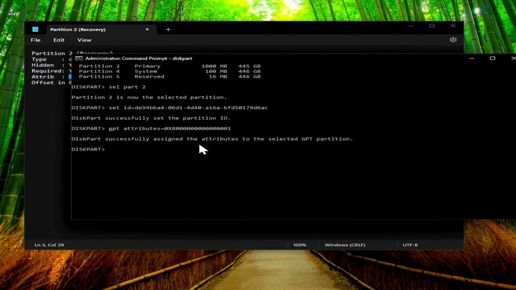 Command prompt showing successful execution of diskpart set id and gpt attributes commands