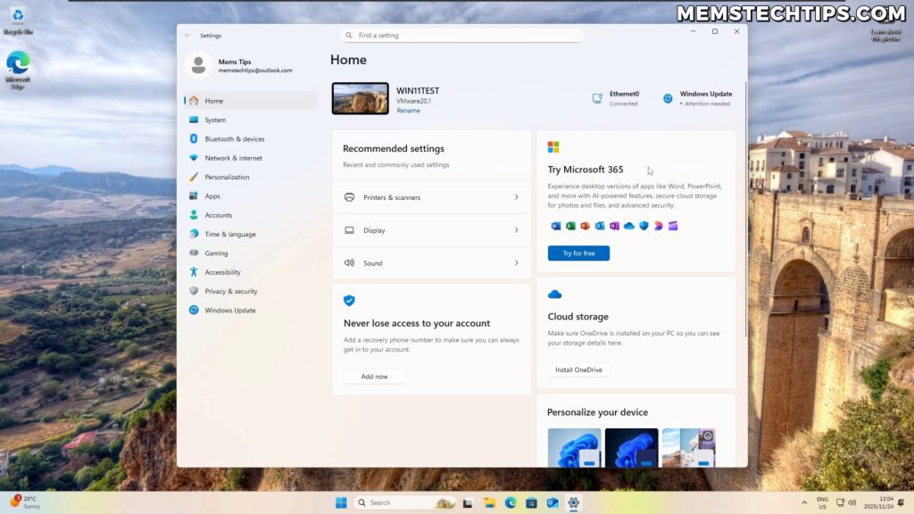 Windows 11 Settings app displaying promotional advertisements for Microsoft services