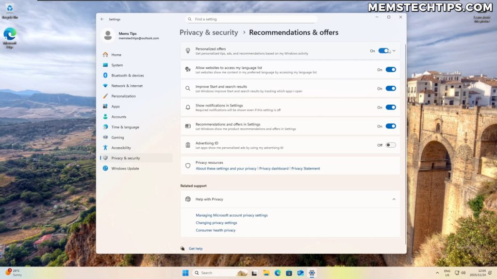 Windows 11 Privacy and Security settings page showing various telemetry and data collection options