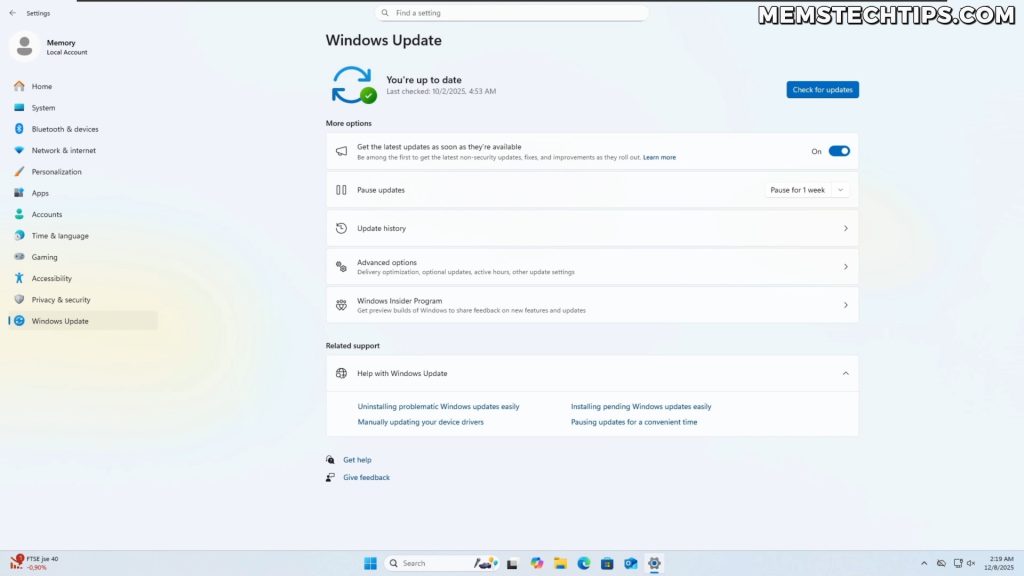 Screenshot showing the Windows Update screen in Windows 11 Settings with the system showing it's up to date