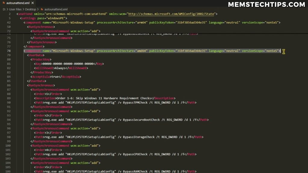 Autounattend XML file structure displaying AMD64 processor architecture section with product key tags