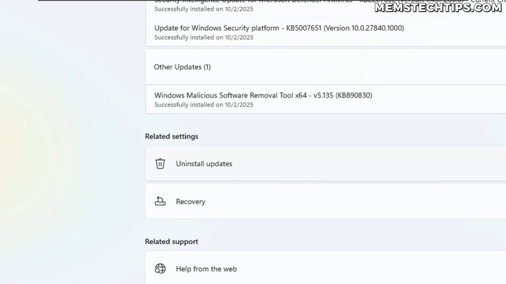 Screenshot of the Update History page showing various installed updates and the Uninstall updates option under Related settings