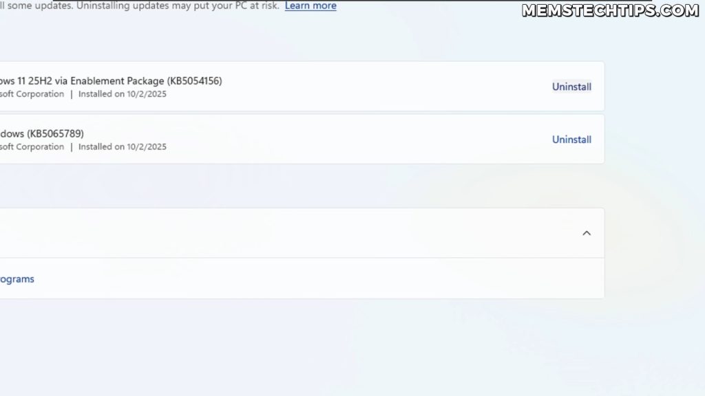 Screenshot of the Installed Updates window showing the uninstall button and available updates that can be removed