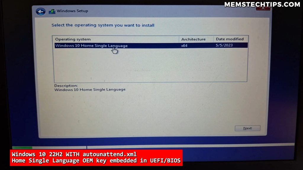 Windows 10 setup showing edition selection UI with only Home Single Language option visible