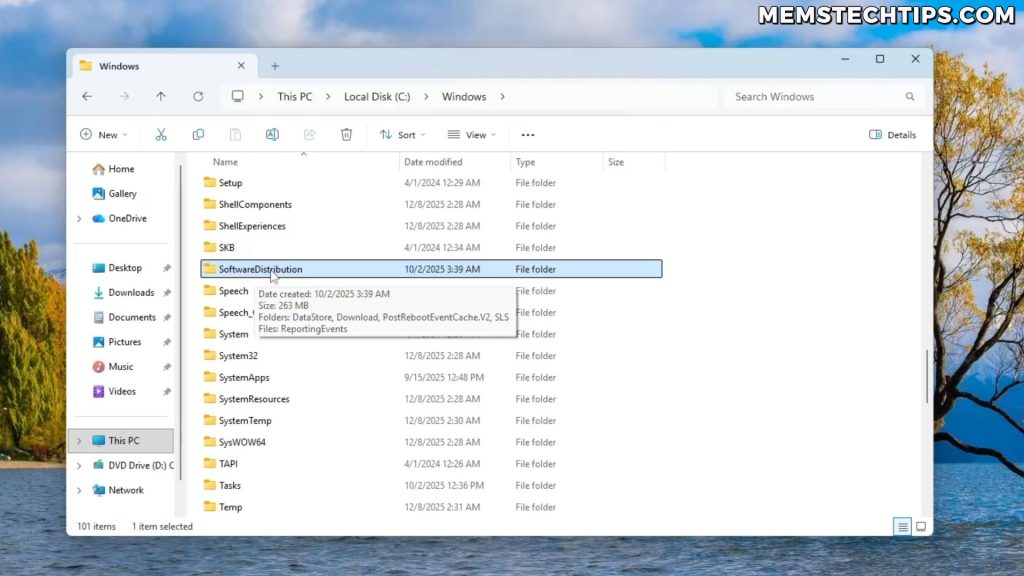 Screenshot of File Explorer showing the path C:\Windows with the SoftwareDistribution folder highlighted