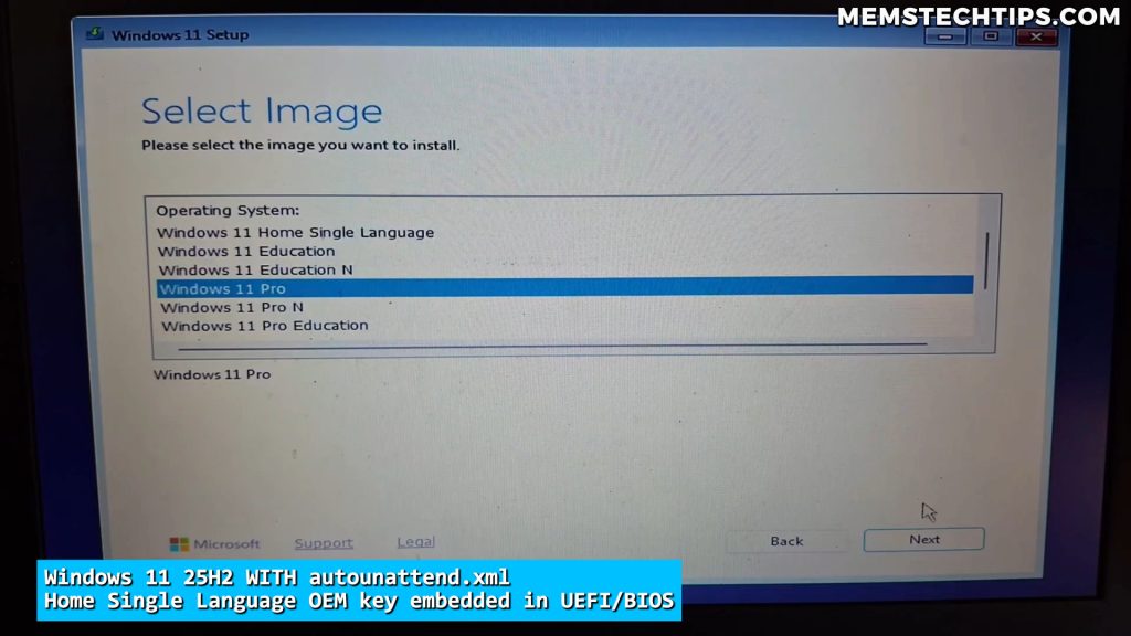 Windows 11 setup displaying edition selection screen with multiple Windows editions including Home, Pro, and Education