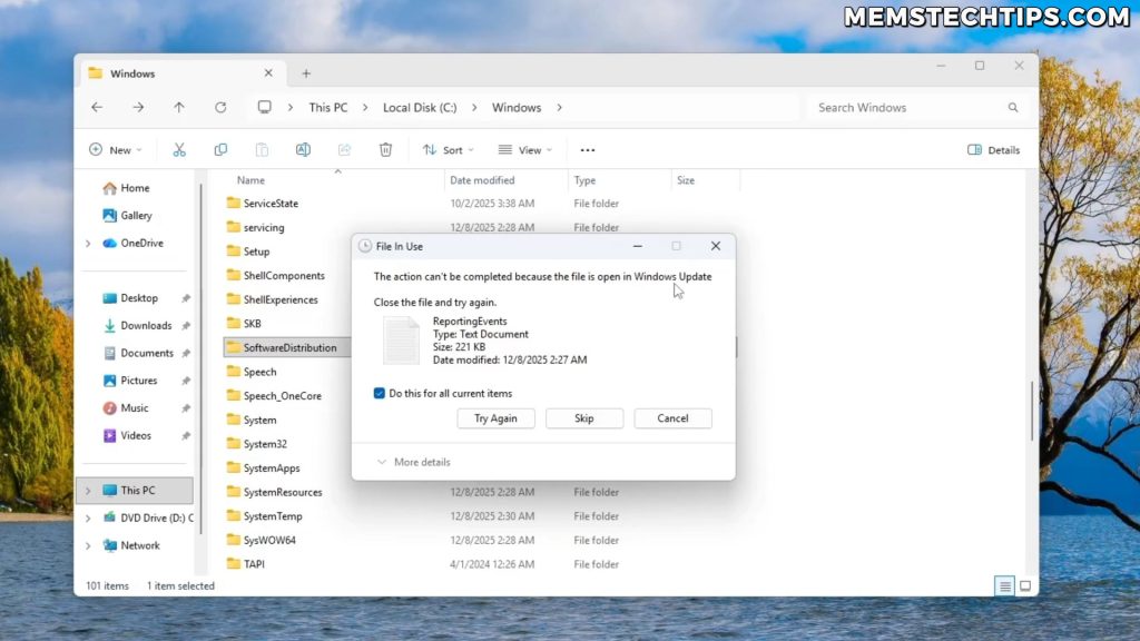 Screenshot showing the error message that the folder cannot be deleted because it's open in Windows Update