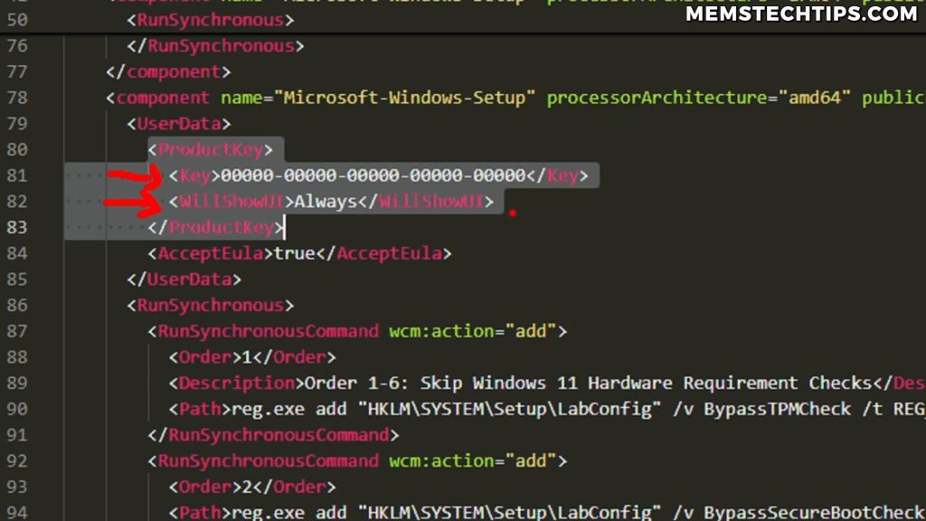 XML editor showing Autounattend file with blank product key zeros and WillShowUI set to Always