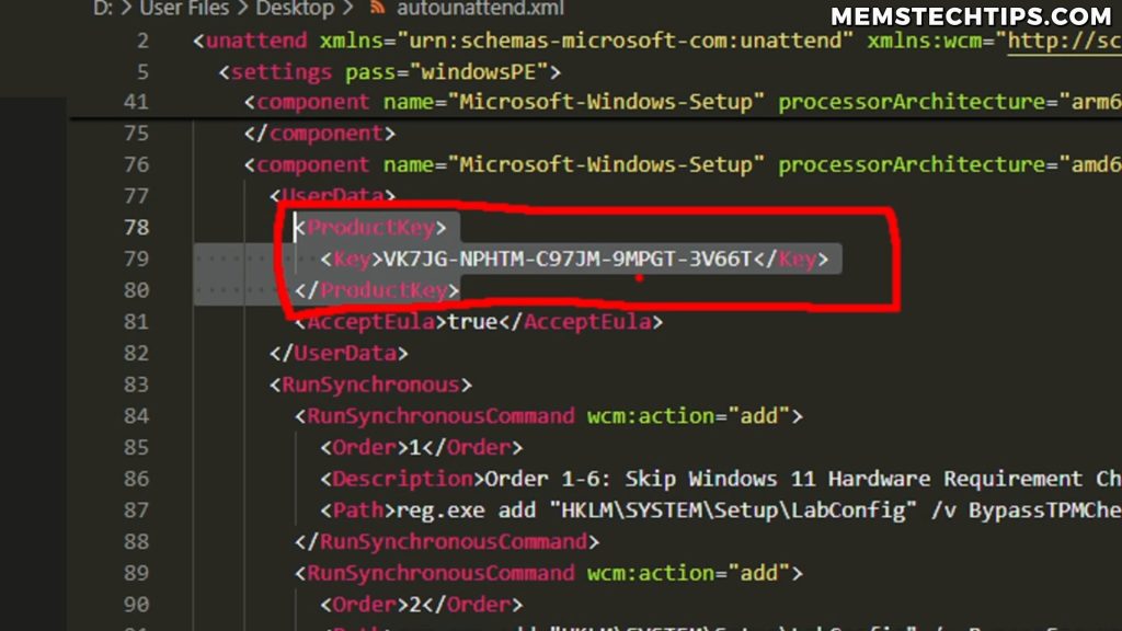 Autounattend XML file displaying generic Windows Pro key replacing blank key in product key section