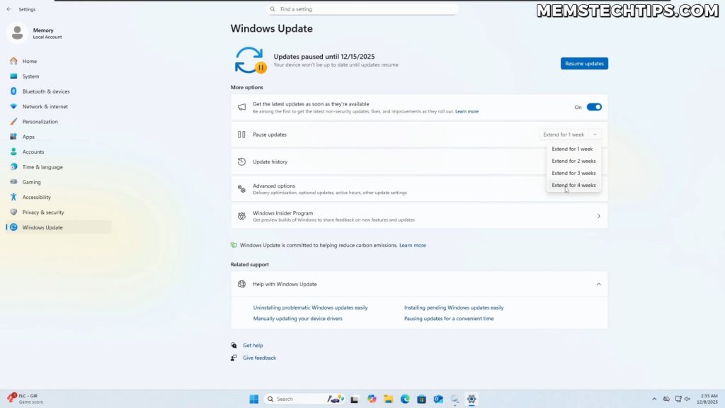 Screenshot of Windows Update settings showing the Pause updates option