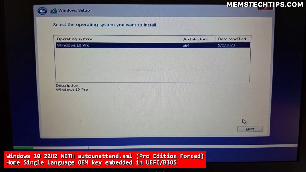 Windows 10 installation screen displaying Windows 10 Pro as the selected edition for installation