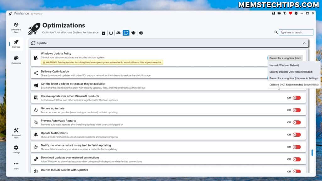 Screenshot of WinHance showing the Windows Update Settings with the disable option