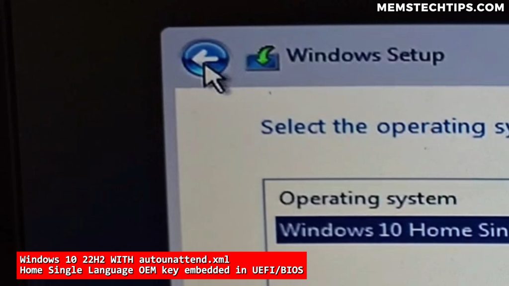 Screenshot of the back button in the Windows 10 setup