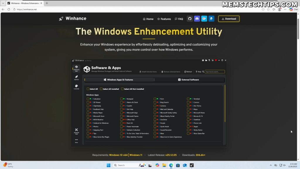 Screenshot showing the Winhance downloads page
