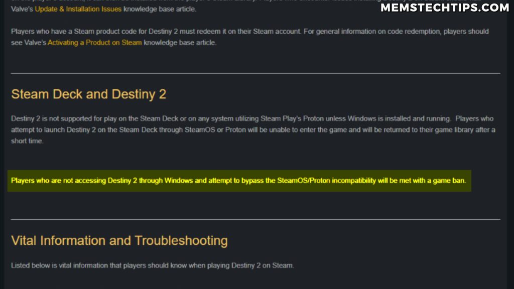 Destiny 2 support page showing the game's policy on Linux compatibility and anti-cheat systems