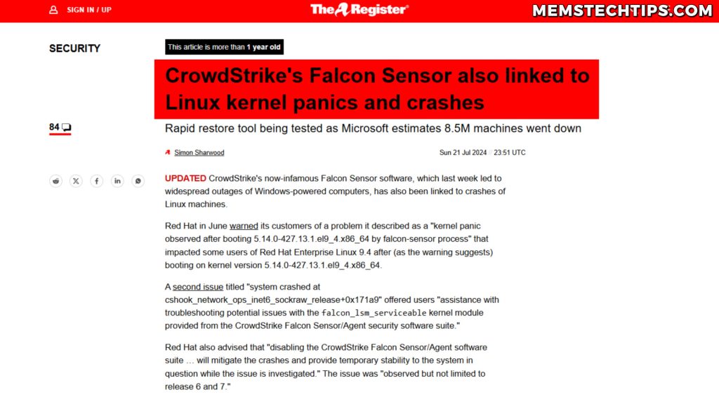 CrowdStrike-related kernel panic error affecting Linux distributions including Red Hat and Debian