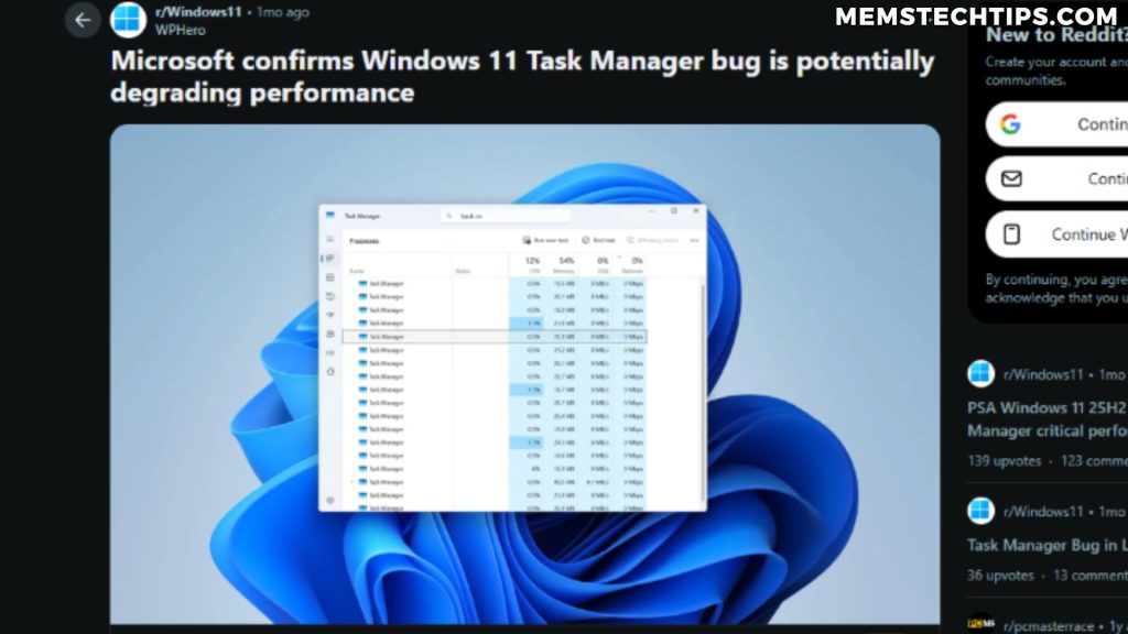 Windows 11 Task Manager bug demonstrating excessive RAM and CPU usage issues