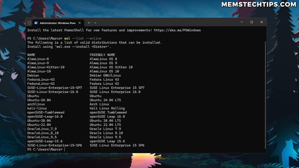 Windows Subsystem for Linux (WSL) terminal showing a list of available Linux distros