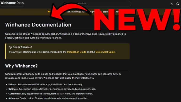 Winhance Docs comprehensive guide covering all features and documentation for Windows customization tool