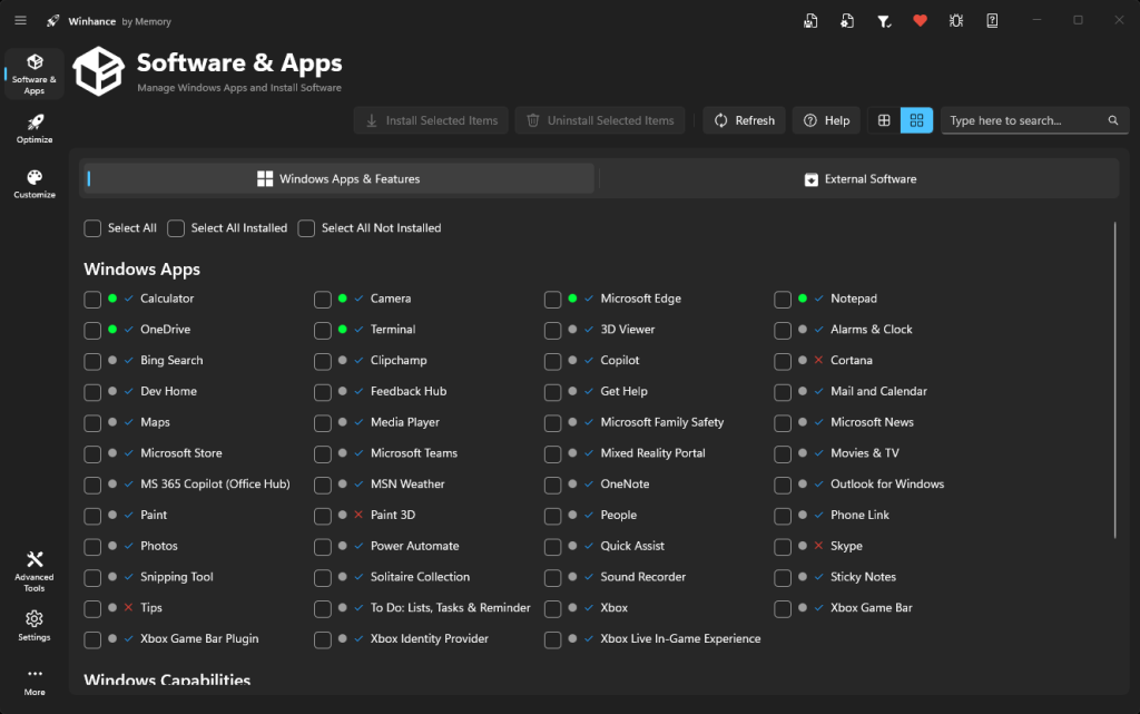 Winhance Software & Apps page showing Windows Apps available for install/uninstall and External Software tab to install/uninstall external software