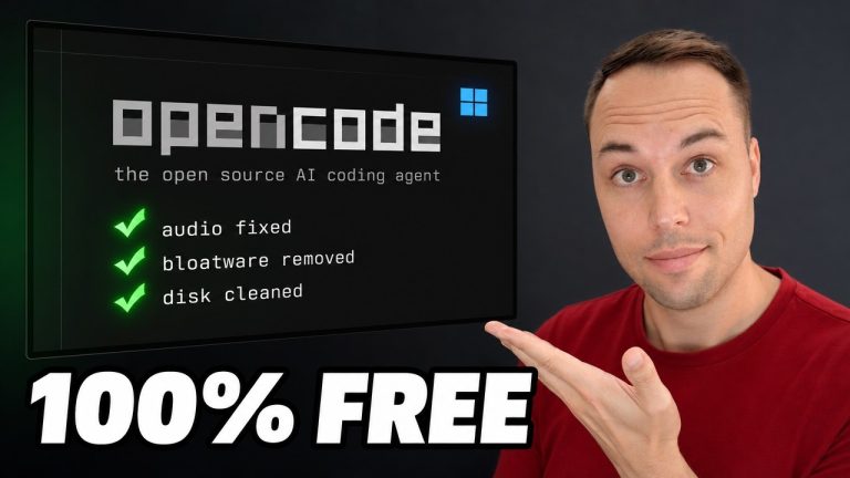 Free AI agent opencode running PowerShell to debloat and optimize a Windows 11 PC