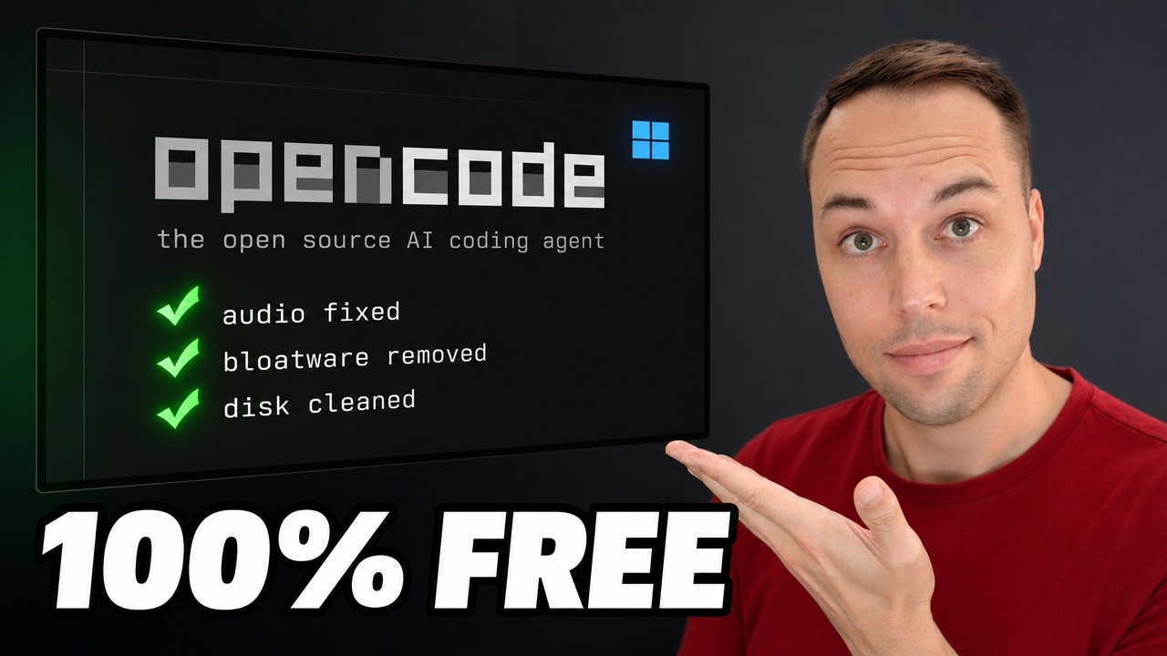 Free AI agent opencode running PowerShell to debloat and optimize a Windows 11 PC
