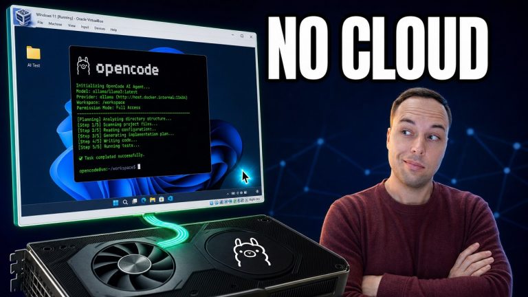 Free local AI agent on Windows 11 tutorial using Ollama and OpenCode in a virtual machine, fully private