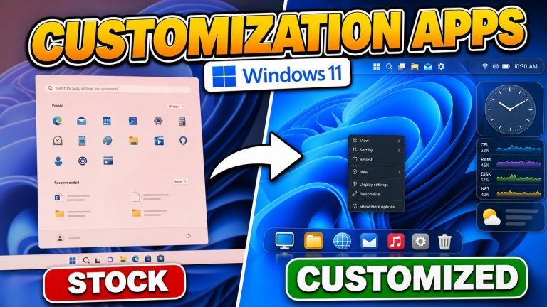 Stock Windows 11 desktop next to a desktop customized with free Windows 11 customization apps
