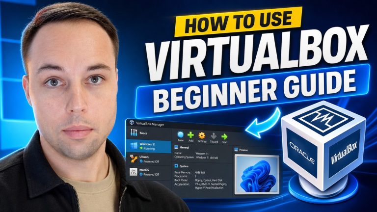 VirtualBox Manager with a running Windows 11 virtual machine, beside the title How To Use VirtualBox Beginner Guide